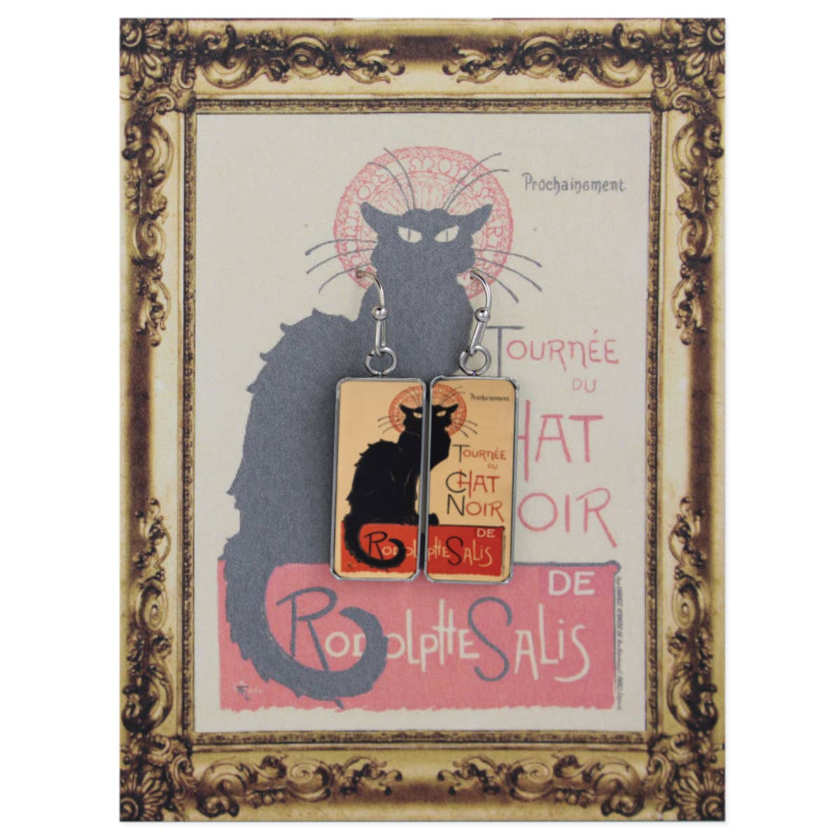 Chat Noir Print Silver Bar Fine Art Earrings