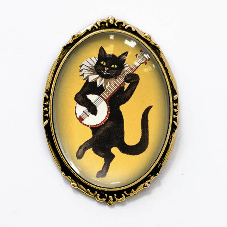 Victorian Cat Banjo Brooch Vintage Silver or Gold