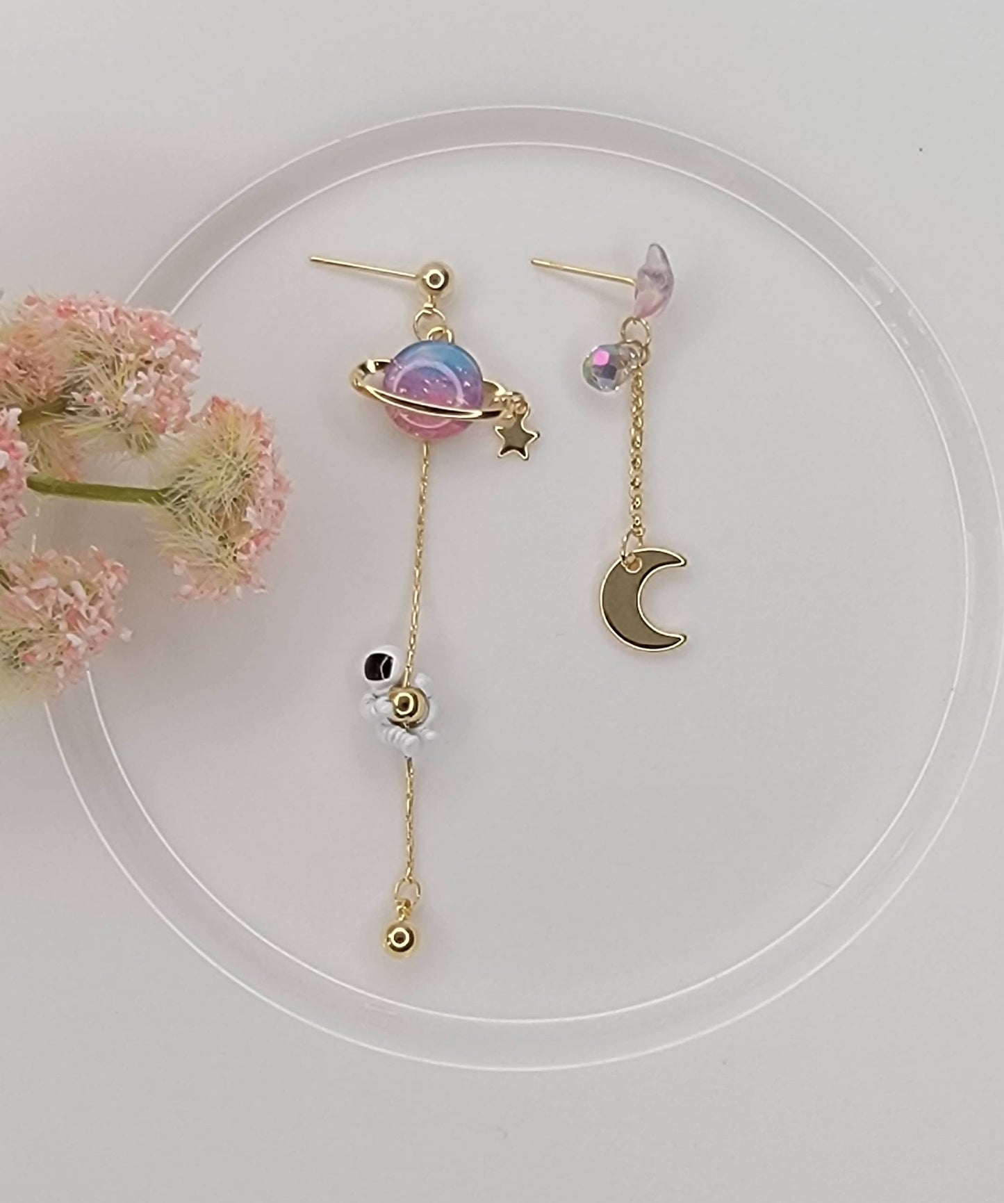 ASTRONAUT EARTH MOON AND STAR UNBALANCED DANGLE EARRINGS.
