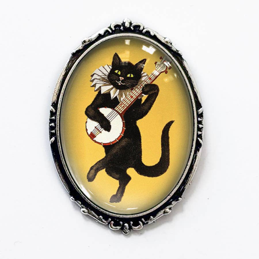 Victorian Cat Banjo Brooch Vintage Silver or Gold