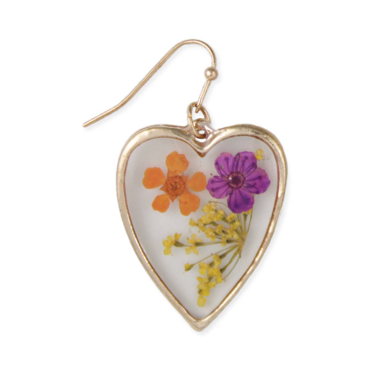 Purple Orange Dried Flower Gold Heart Earrings