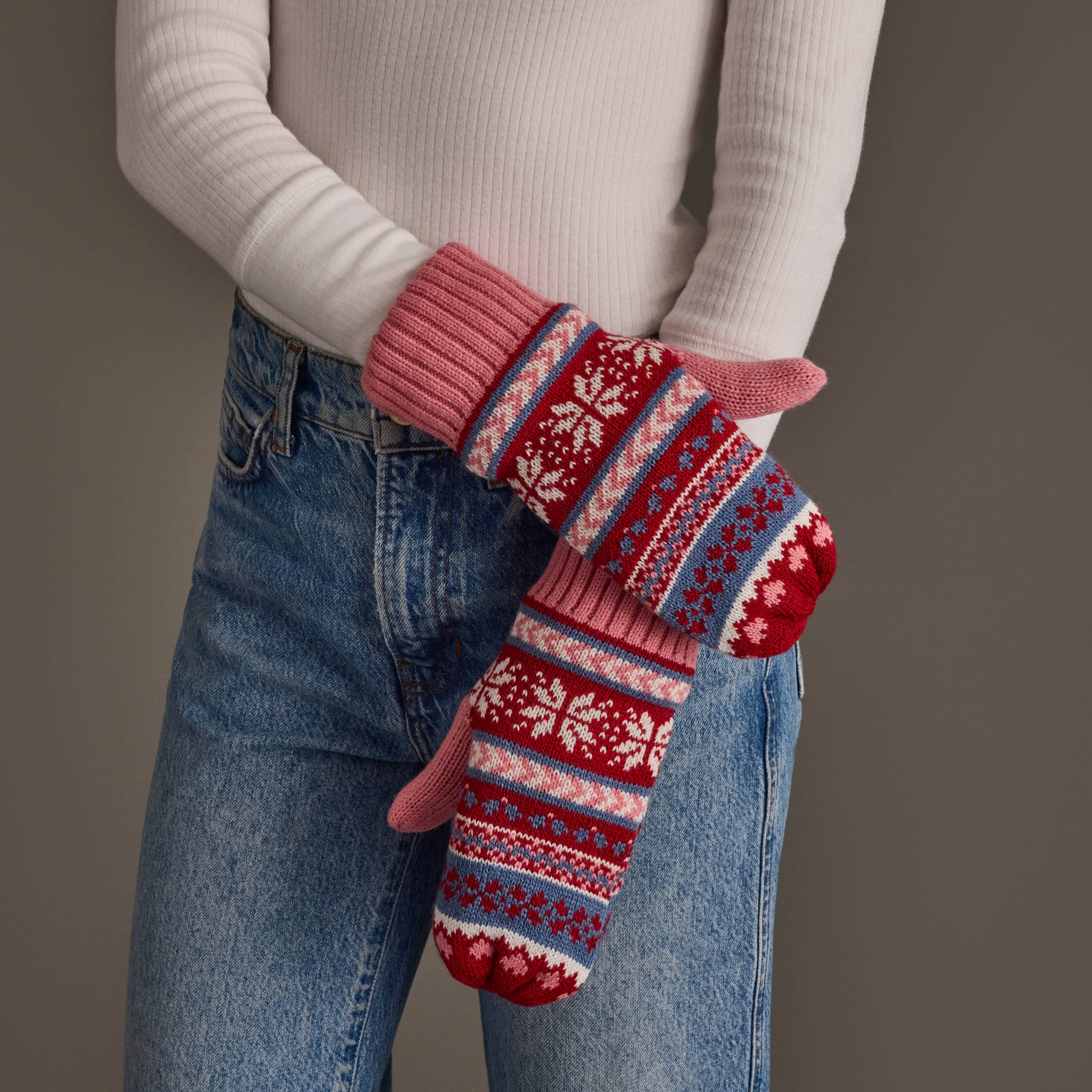 Pink, Red & Blue Christmas Pattern Mittens