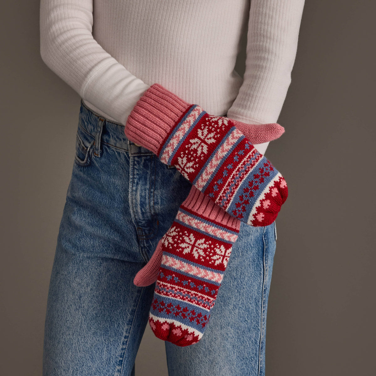 Pink, Red & Blue Christmas Pattern Mittens