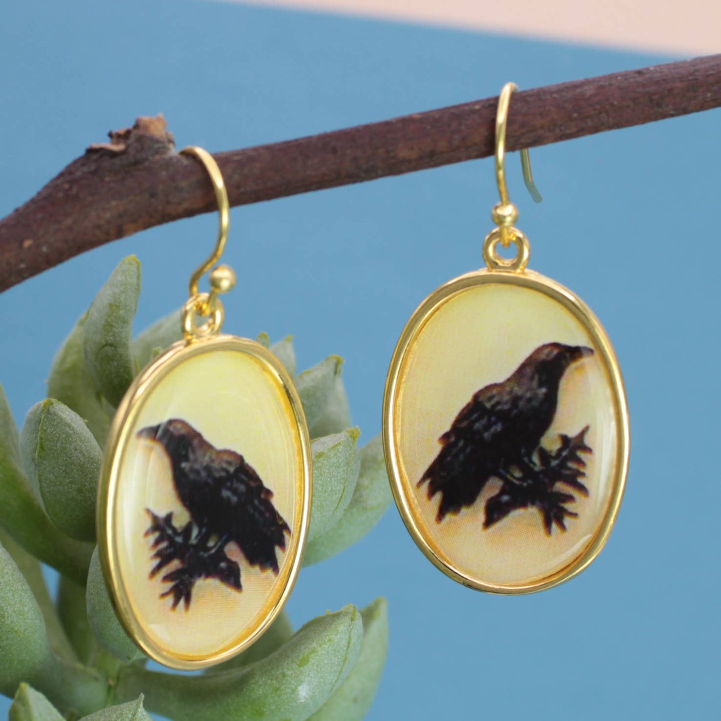 Raven Print Gold Earrings