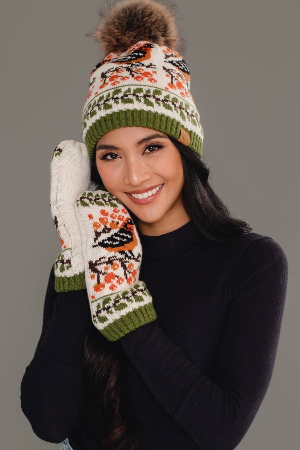 Olive & Cream Bird Pattern Knit Pom Hat