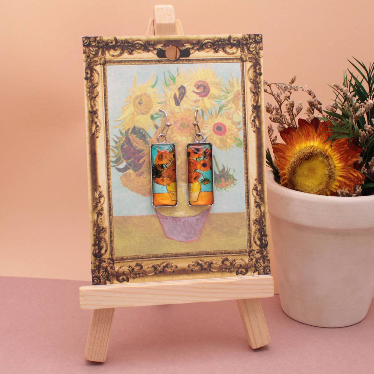 Sunflower Print Silver Bar Fine Art Earrings