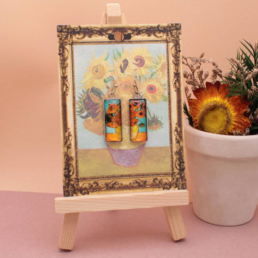 Sunflower Print Silver Bar Fine Art Earrings