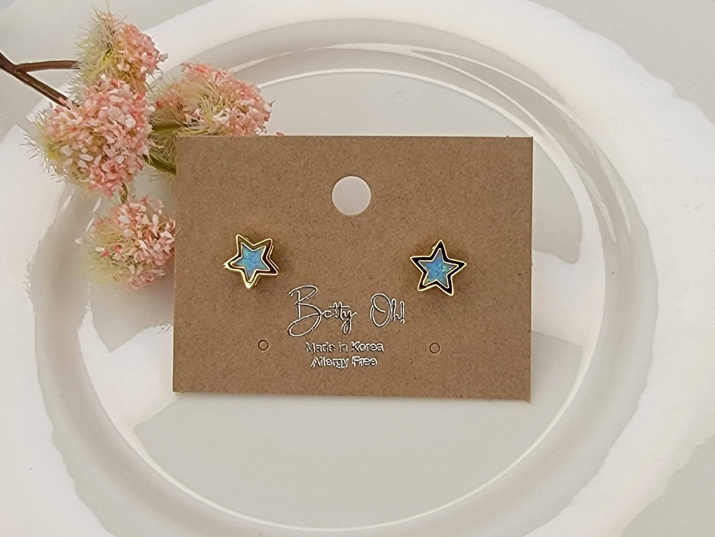 STAR SHAPE DECO LAB GROWN BLUE OPAL STUD EARRINGS.