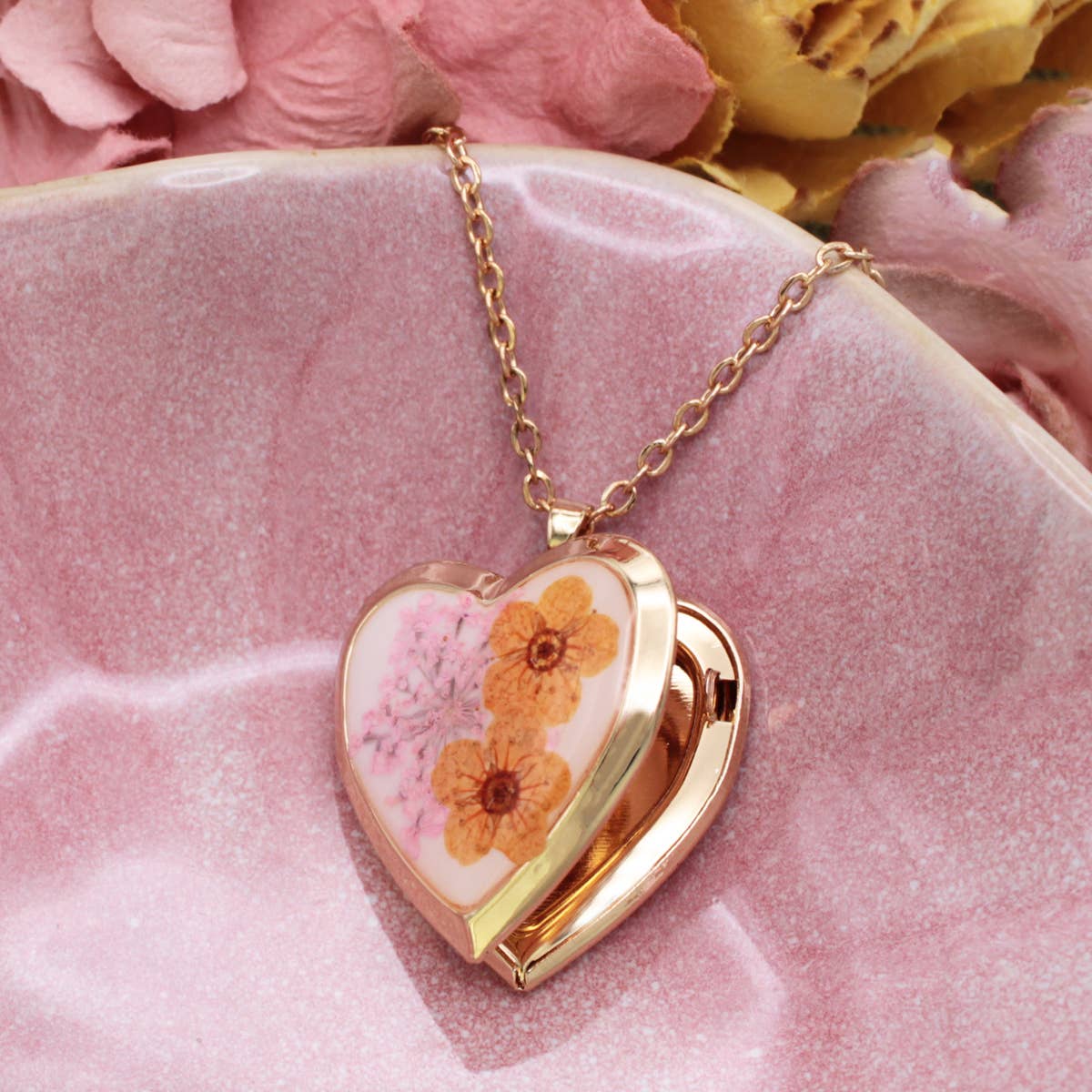 Floral Memories Orange Dried Flower Locket Necklace