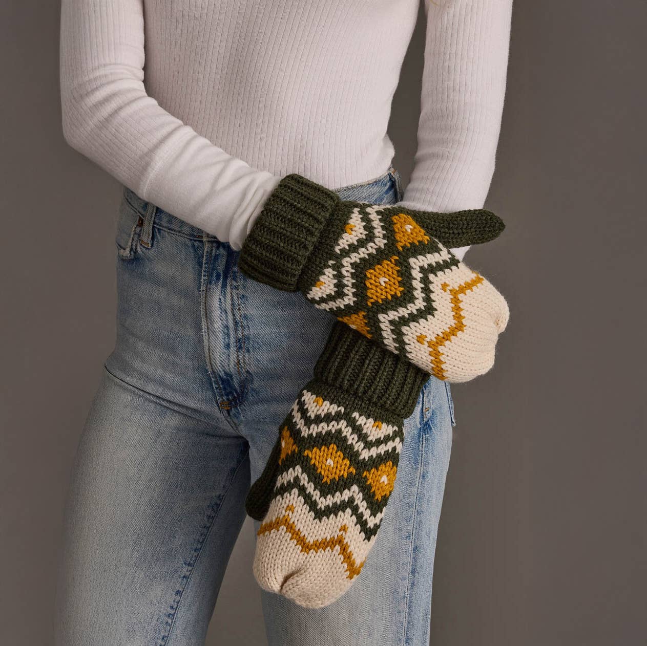 Olive, Cream & Mustard Patterned Mittens