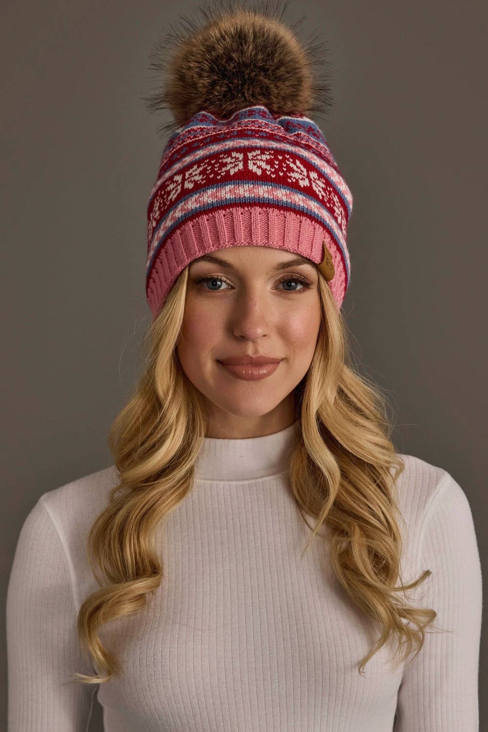 Pink, Red & Blue Christmas Pattern Pom Hat