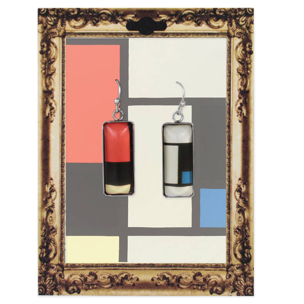 Mondrian Print Silver Bar Fine Art Earrings