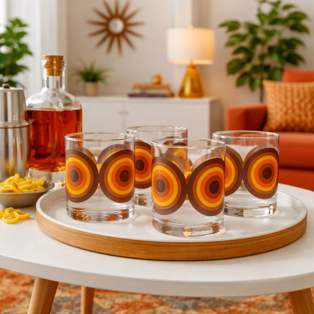 Orange and Brown 70's Retro Circle Whiskey Cocktail Glass