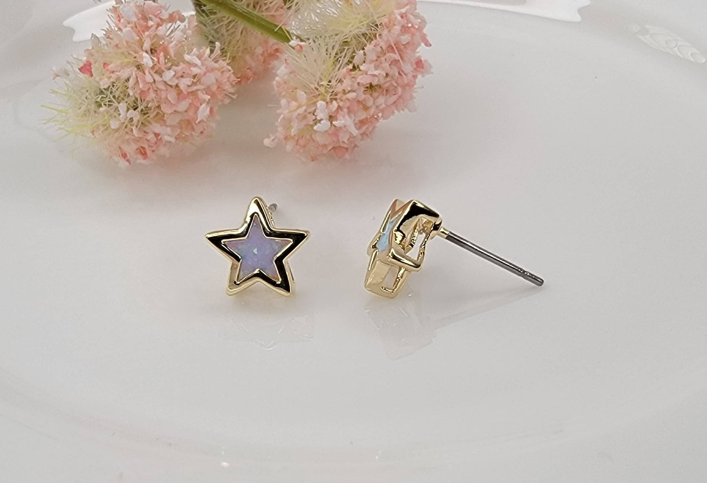 STAR SHAPE DECO LAB GROWN BLUE OPAL STUD EARRINGS.