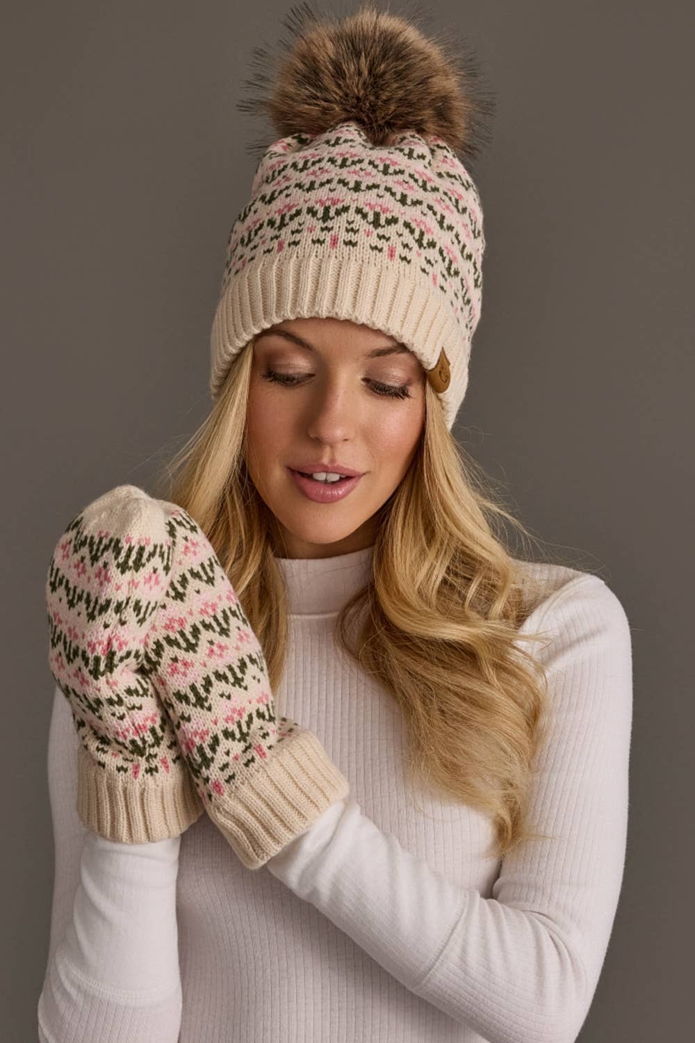 Cream & Pink Floral Pattern Pom Hat
