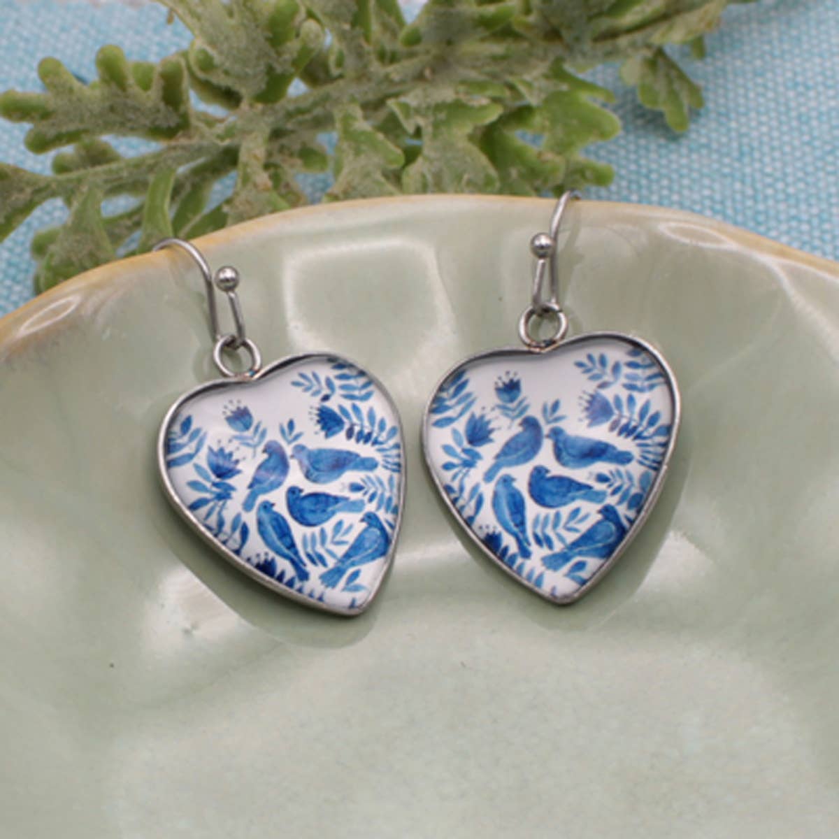 Vintage Flock Blue Birds Heart Earrings