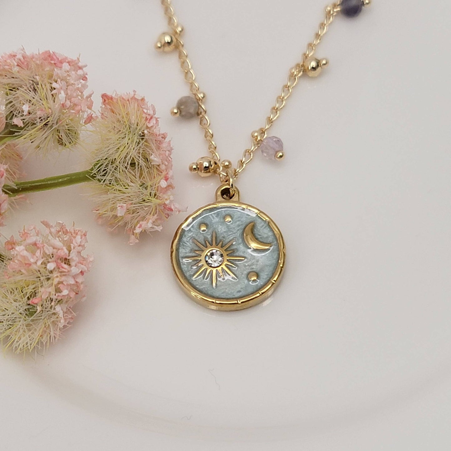MOON  & STAR CHARM WITH CRYSTAL BEADS TARNISH FREE NECKLACE.