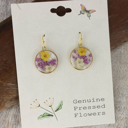 Cottage Purple Yellow Dried Flower Round Earrings