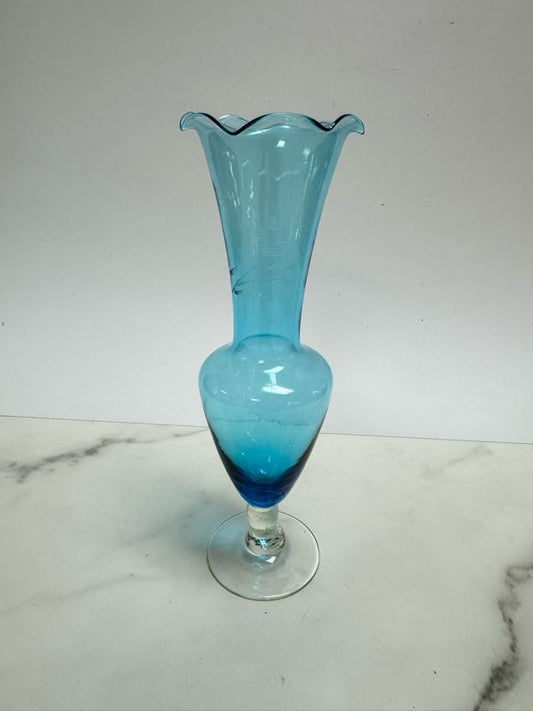 Blue Ruffle Edge Etched Vase