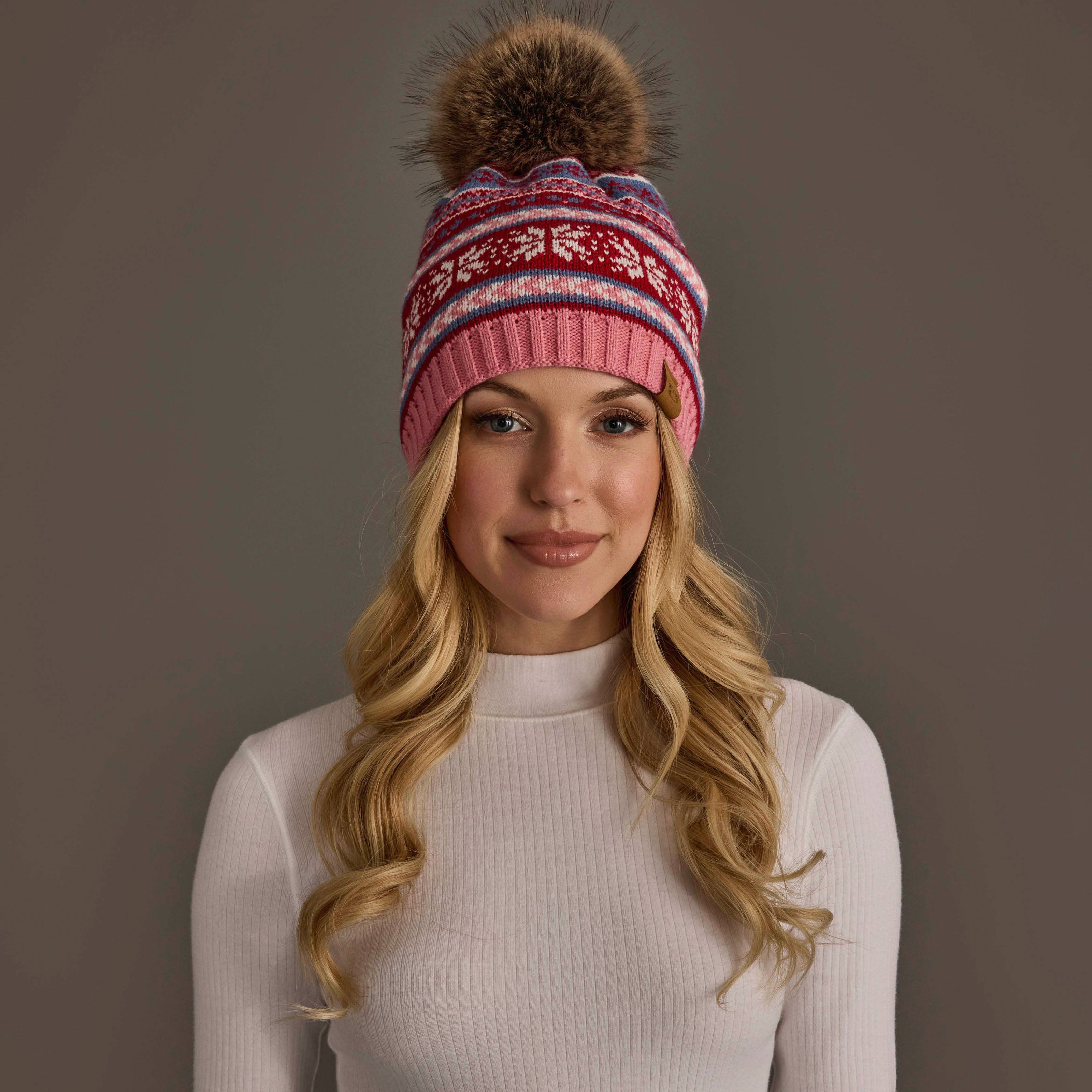 Pink, Red & Blue Christmas Pattern Pom Hat