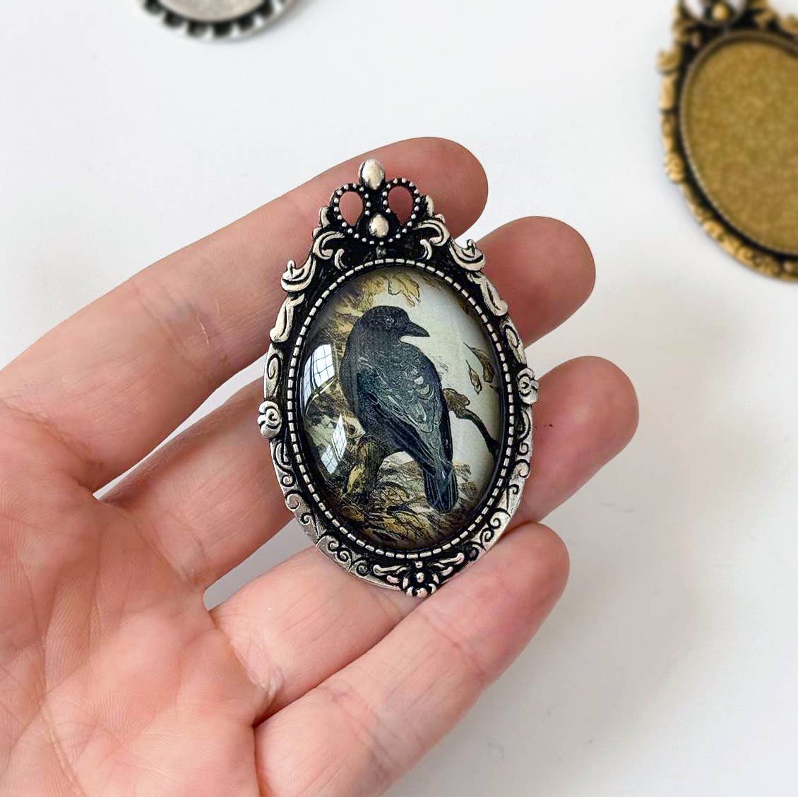 Antique Crow Cameo Art Brooch Vintage Silver or Gold