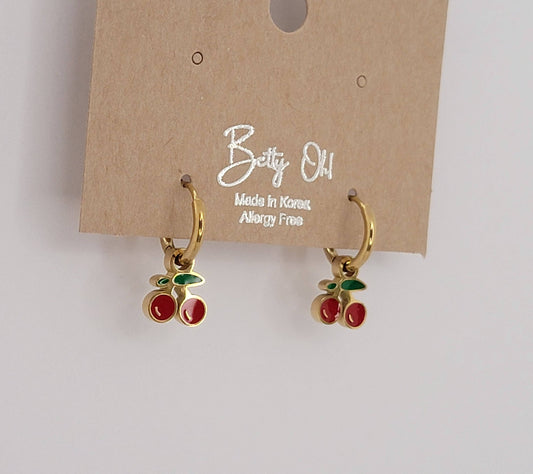 CHERRY HUGGIE HOOP WATERPROOF SS EARRINGS.