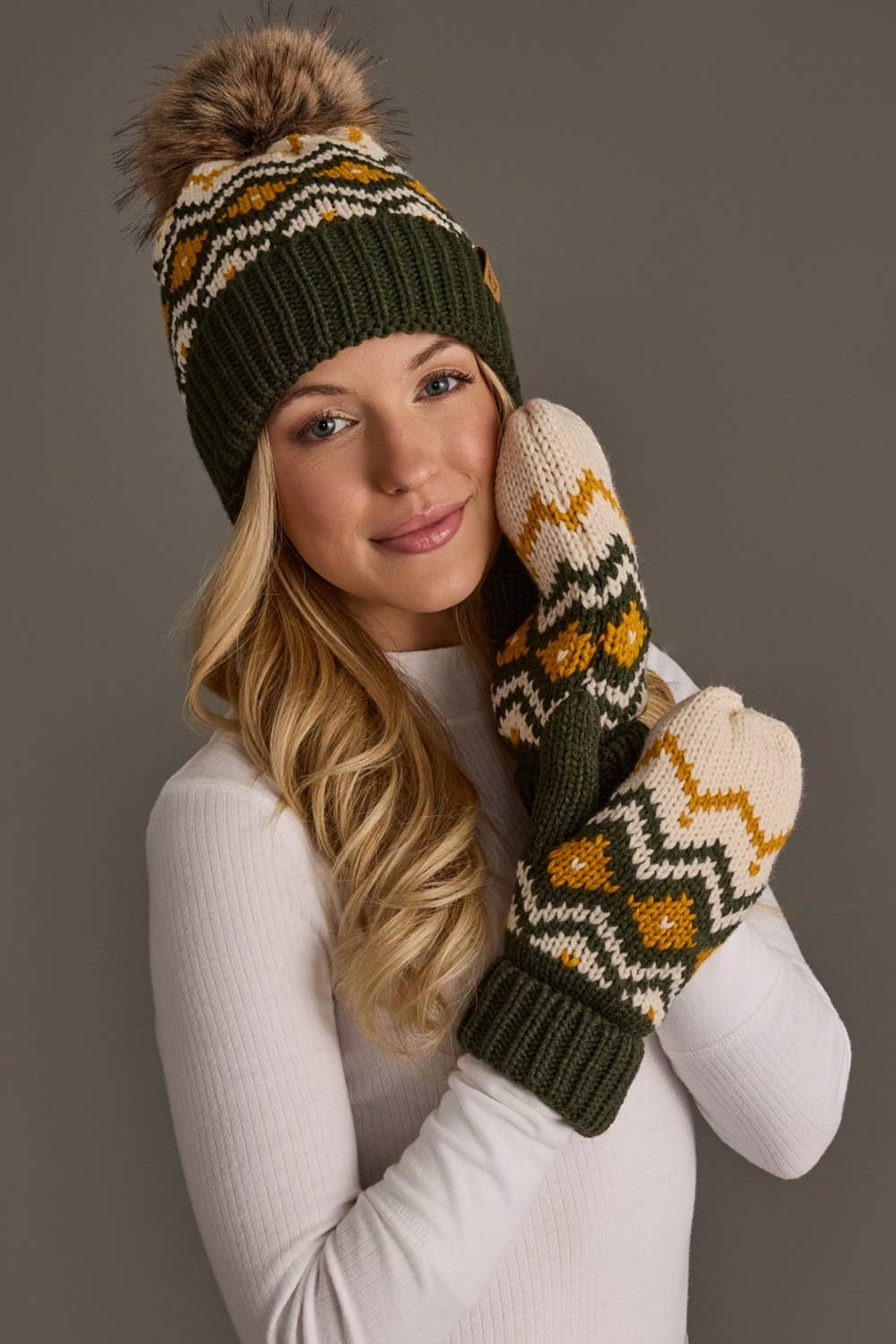 Olive, Cream & Mustard Patterned Mittens