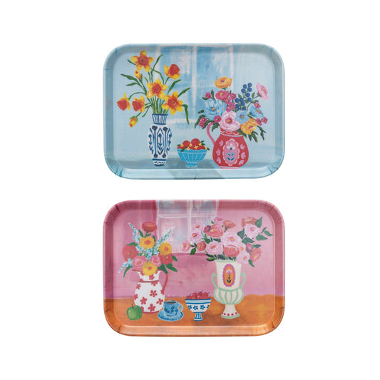 Bamboo Fiber Tray w/ Flowers in Vases - Vintage MC