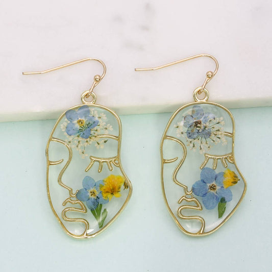 Blue Dried Flower Gold Face Earrings - Vintage MC