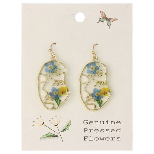 Blue Dried Flower Gold Face Earrings - Vintage MC
