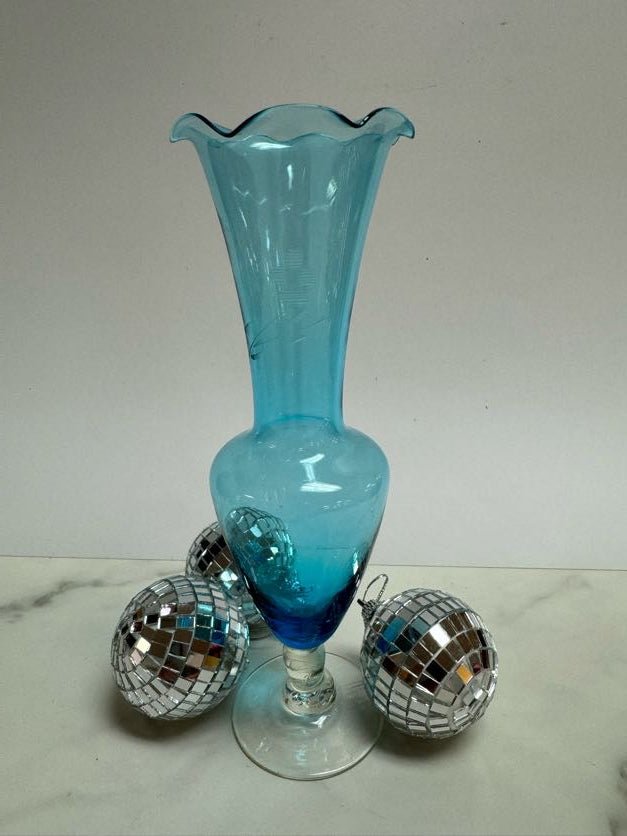 Blue Ruffle Edge Etched Vase - Vintage MC