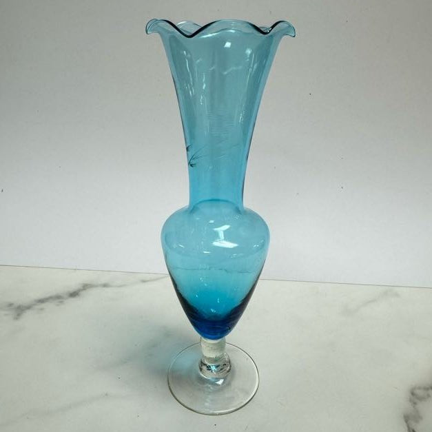 Blue Ruffle Edge Etched Vase - Vintage MC