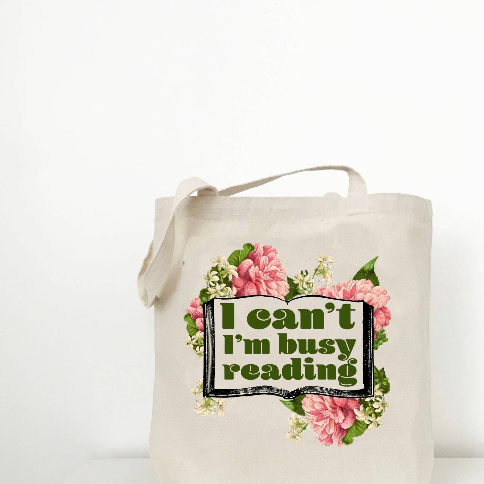 Busy Reading Tote - Retro Floral Canvas Shopping Bag - Vintage MC