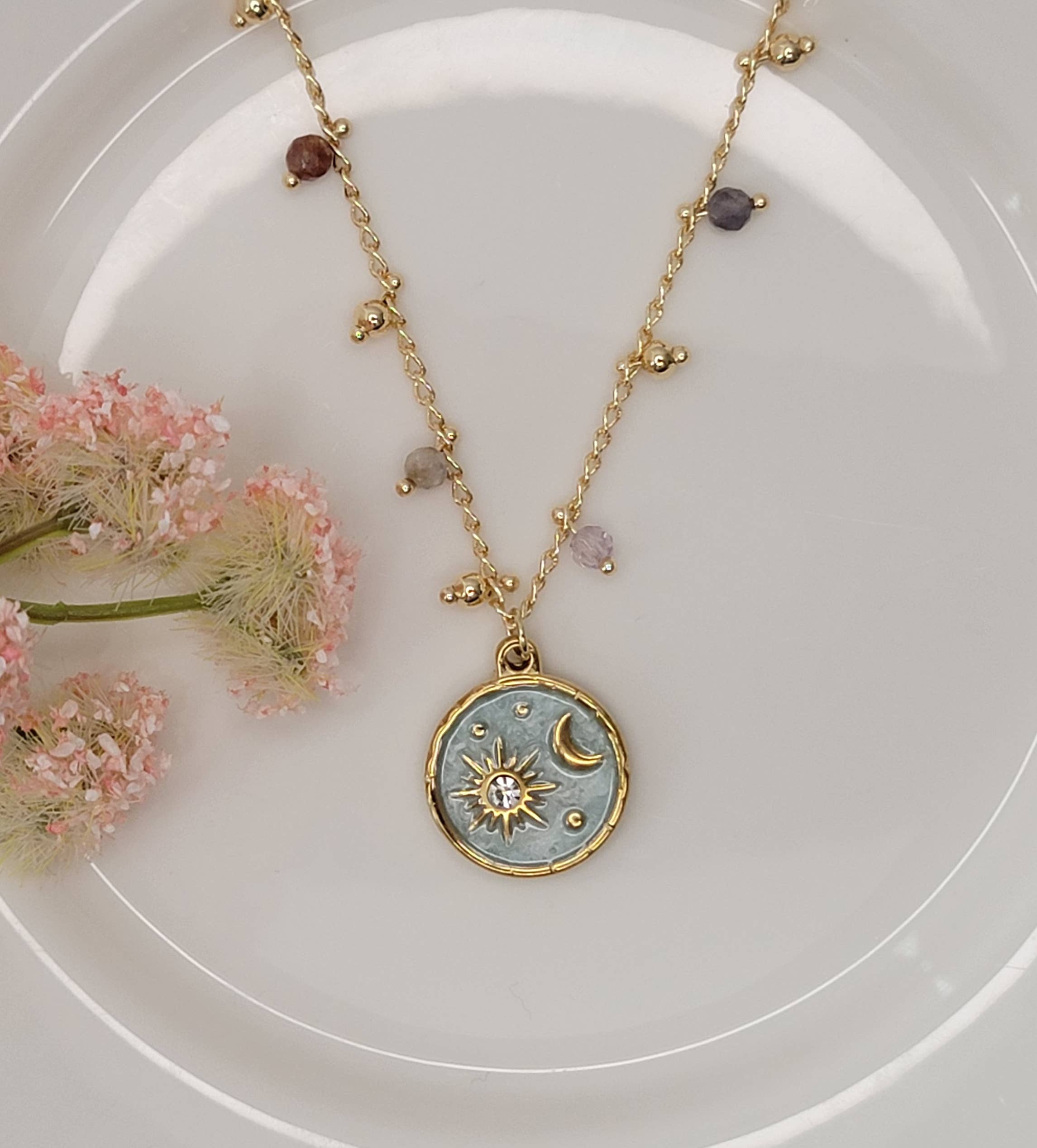 MOON  & STAR CHARM WITH CRYSTAL BEADS TARNISH FREE NECKLACE.