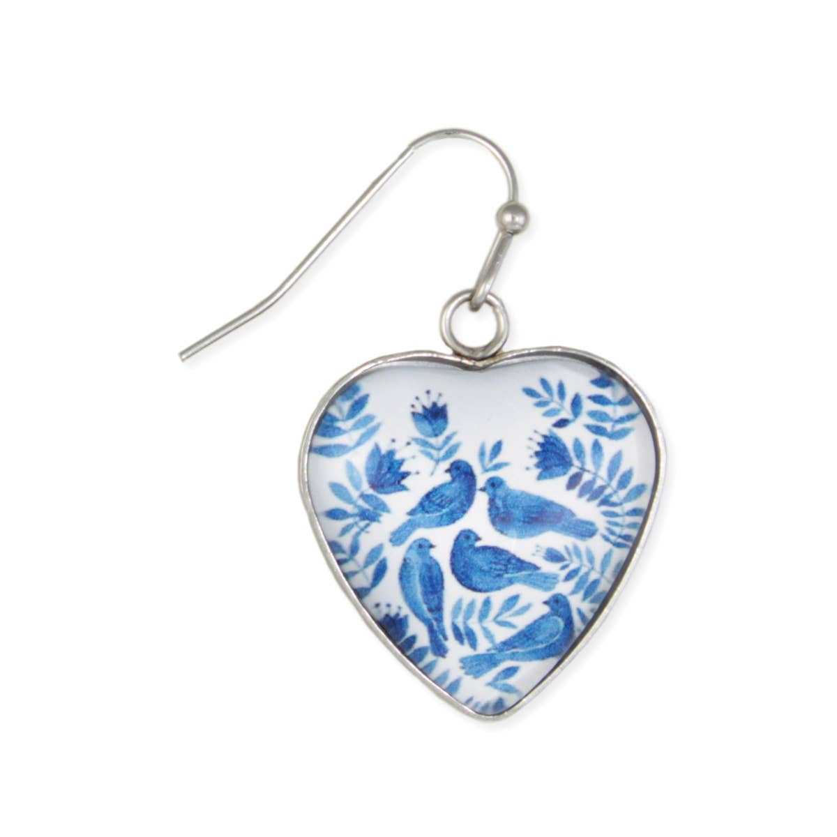 Vintage Flock Blue Birds Heart Earrings