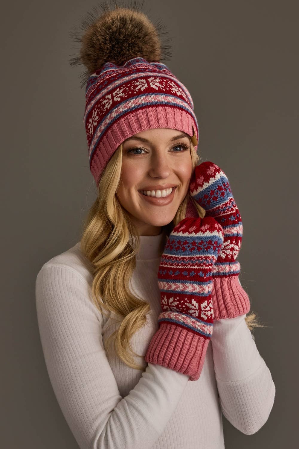 Pink, Red & Blue Christmas Pattern Mittens