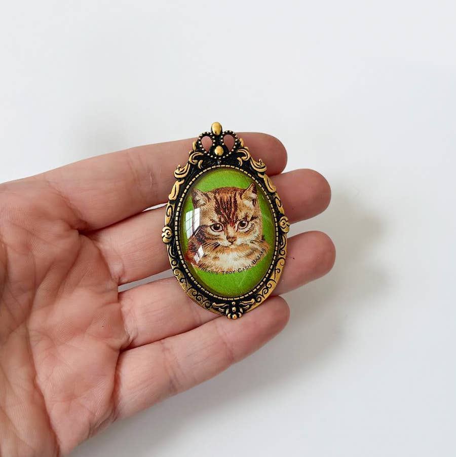 Victorian Tabby Kitten Cat Brooch Vintage Silver or Gold