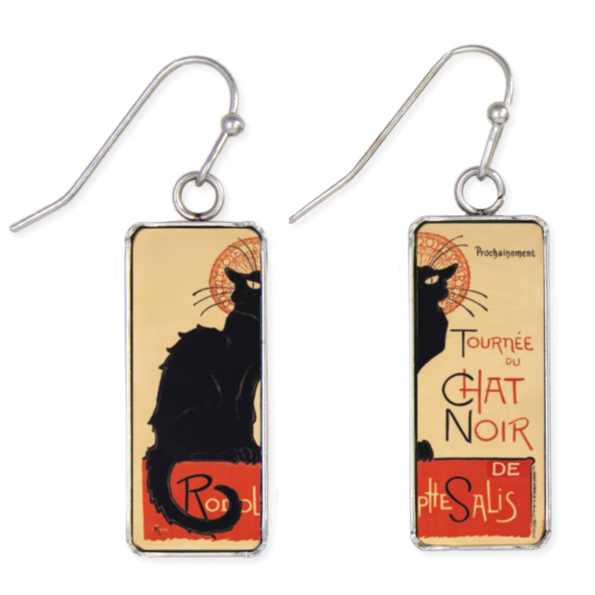 Chat Noir Print Silver Bar Fine Art Earrings