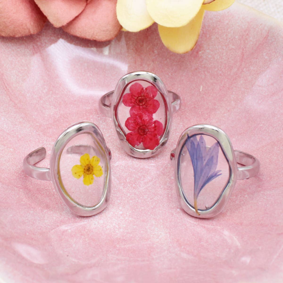 Cottage Fashion Oval Silver Dried Flower Rings - Vintage MC
