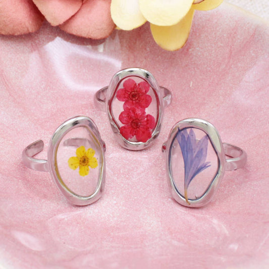 Cottage Fashion Oval Silver Dried Flower Rings - Vintage MC