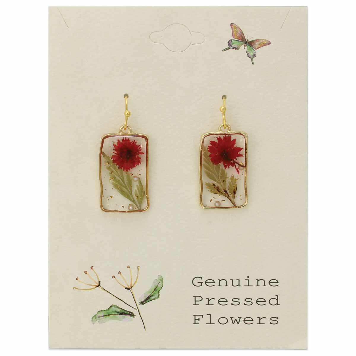 Cottage Red Dried Flower Rectangle Earrings - Vintage MC