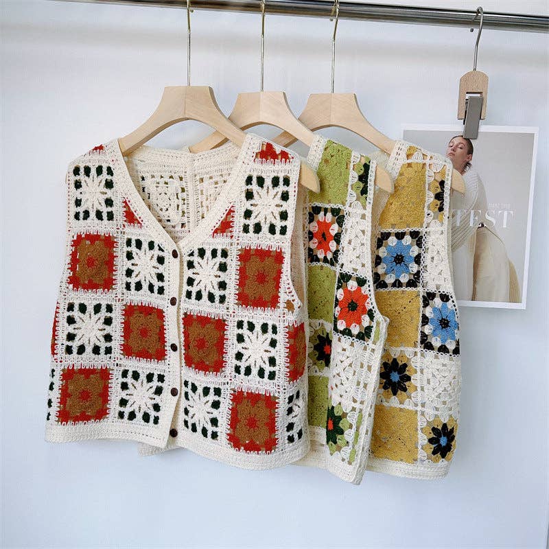 Crochet Hollow Out Loose Contrast Vest - Vintage MC