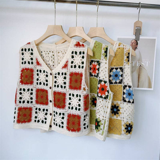 Crochet Hollow Out Loose Contrast Vest - Vintage MC