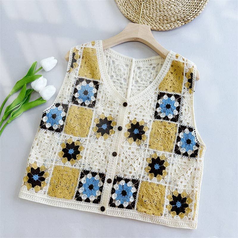 Crochet Hollow Out Loose Contrast Vest - Vintage MC