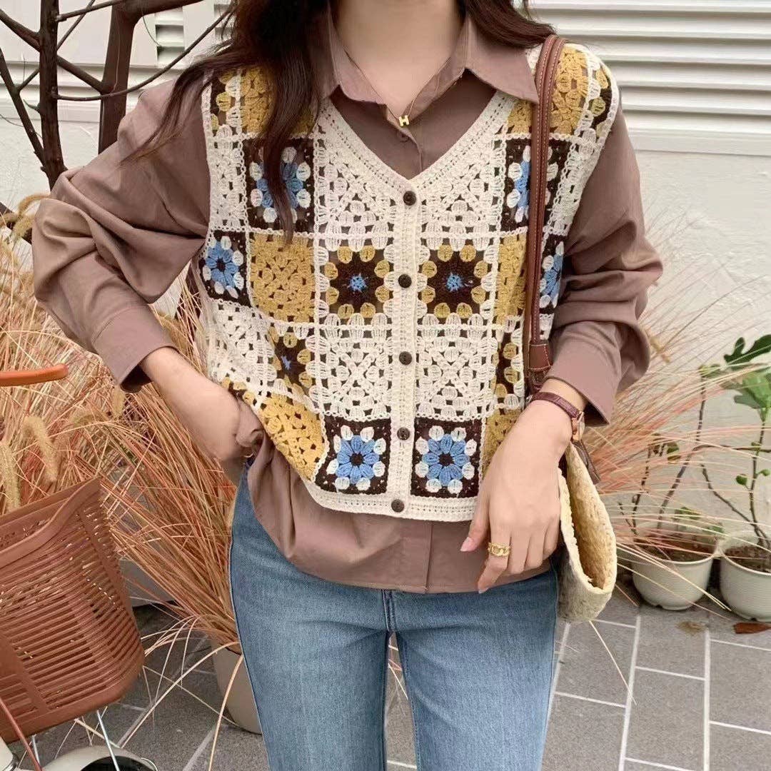 Crochet Hollow Out Loose Contrast Vest - Vintage MC