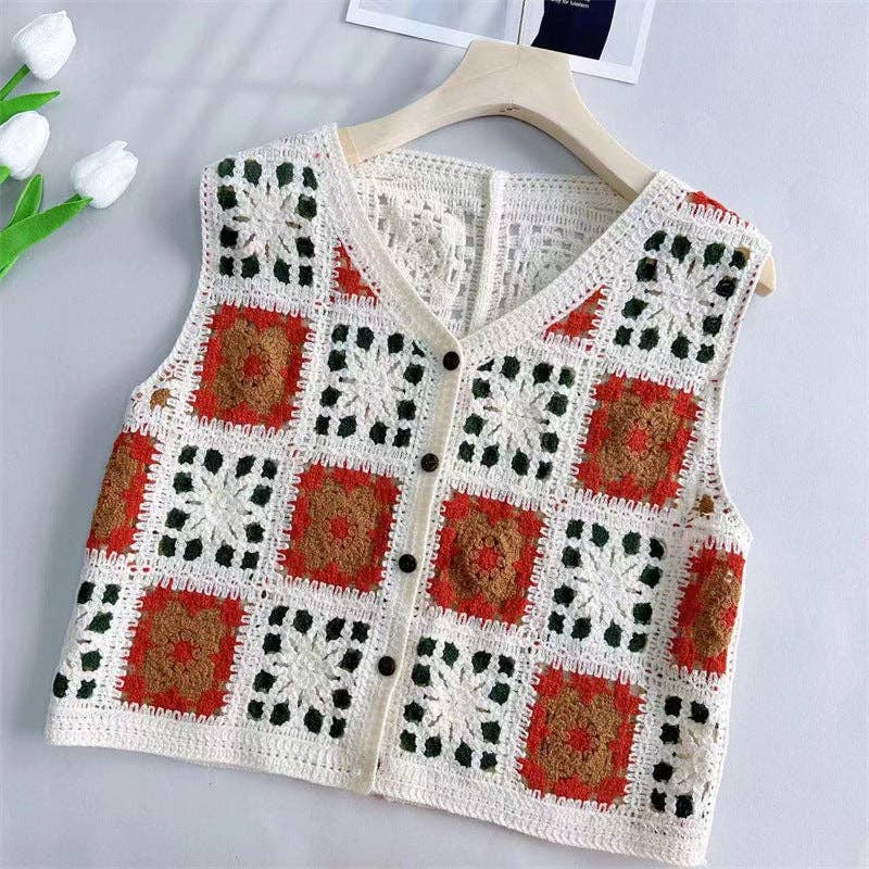 Crochet Hollow Out Loose Contrast Vest - Vintage MC