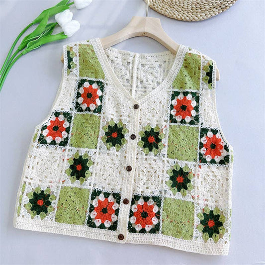 Crochet Hollow Out Loose Contrast Vest - Vintage MC