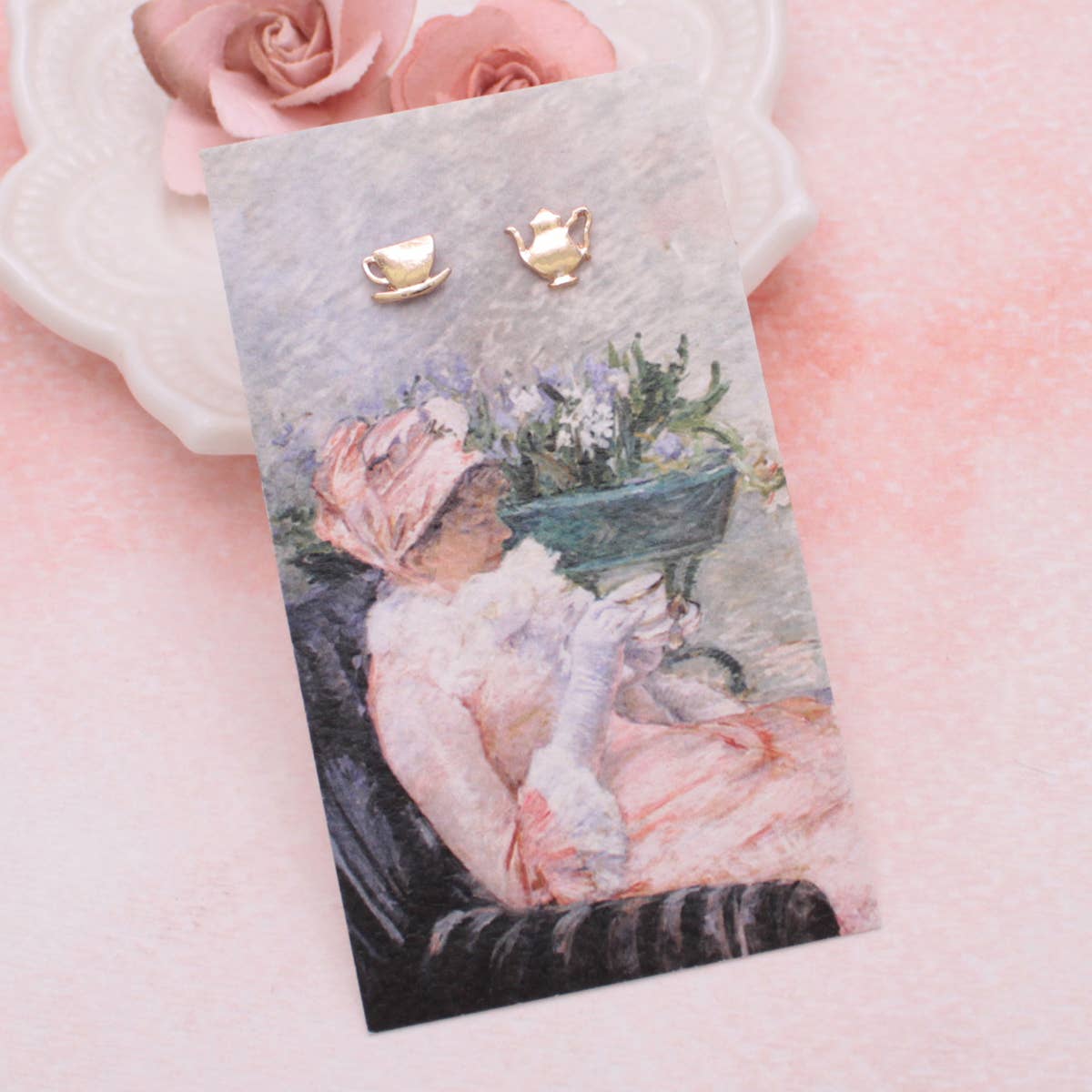 Cup of Tea Fine Art Gold Post Earrings - Vintage MC