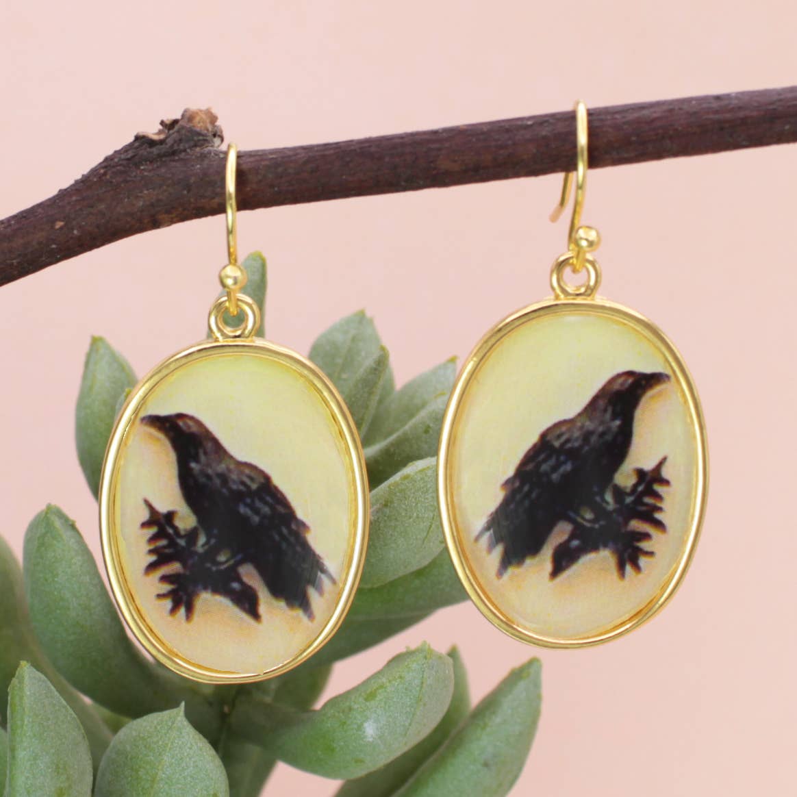 Raven Print Gold Earrings