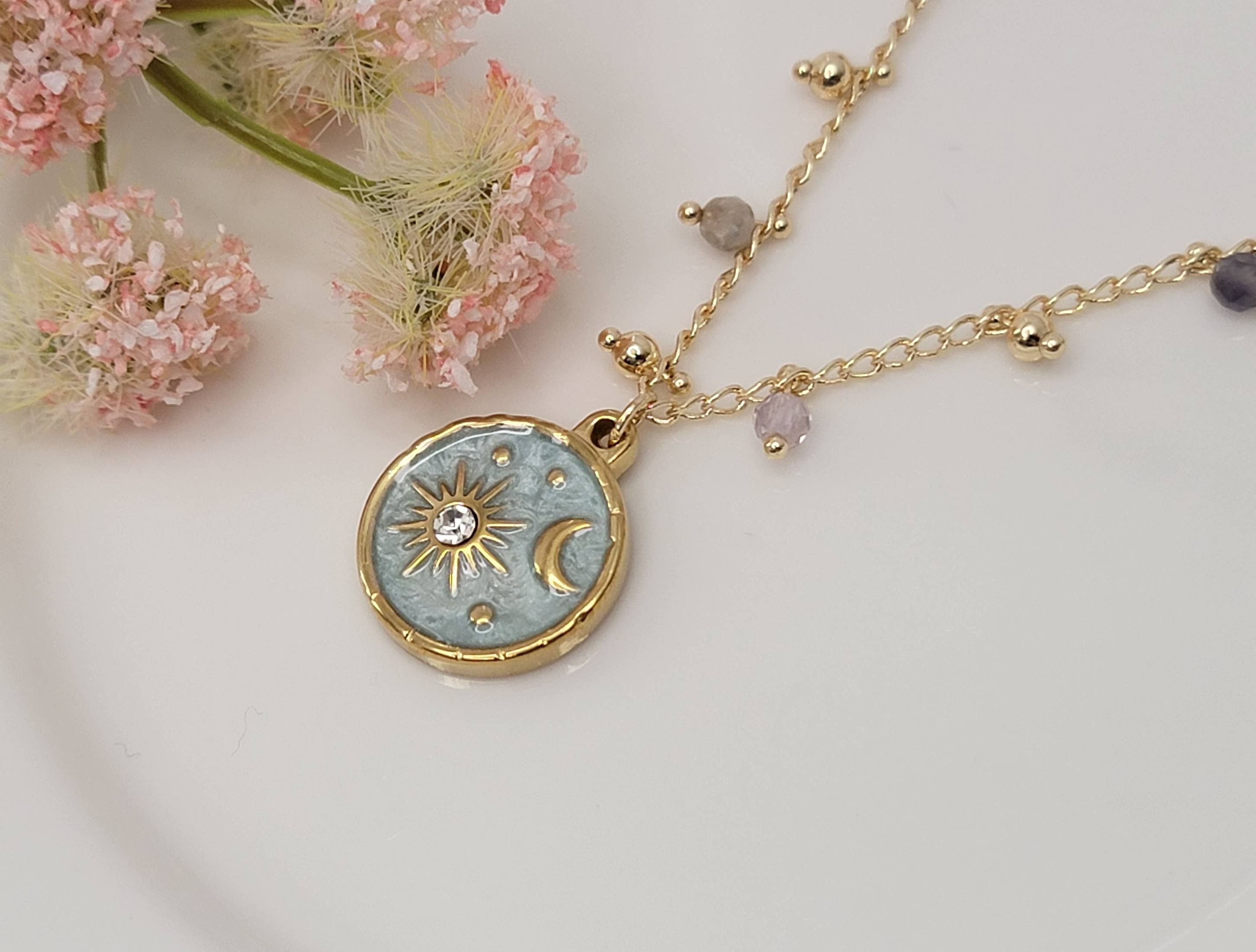 MOON  & STAR CHARM WITH CRYSTAL BEADS TARNISH FREE NECKLACE.